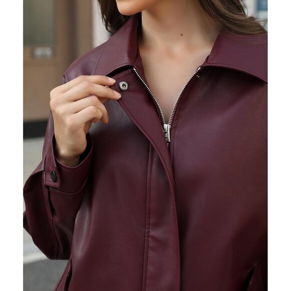 ⚡Women's Burgundy Faux Leather Long Sleeve Zipper Oversized Motorcycle Jackets - Picture 6 of 6